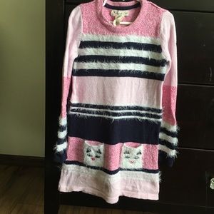 Girl’s Pink Blue and White Sweater Dress w/ kitty